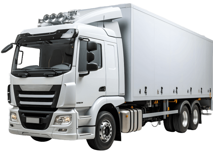 Ciężarówka Przeprowadzki Europa z ładunkiem przeprowadzkowym na tle panoramy europejskich miast